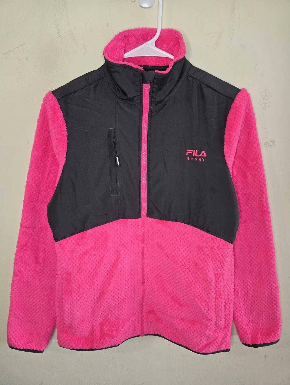 FILA Sport Women's Small Pink Black Gray Fleece Faux Fur Full Zip Jacket Outdoor